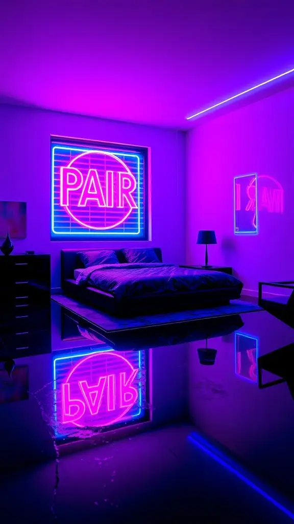 A modern bedroom with purple neon lights, featuring a bed and a neon sign reading 'PAIR'.