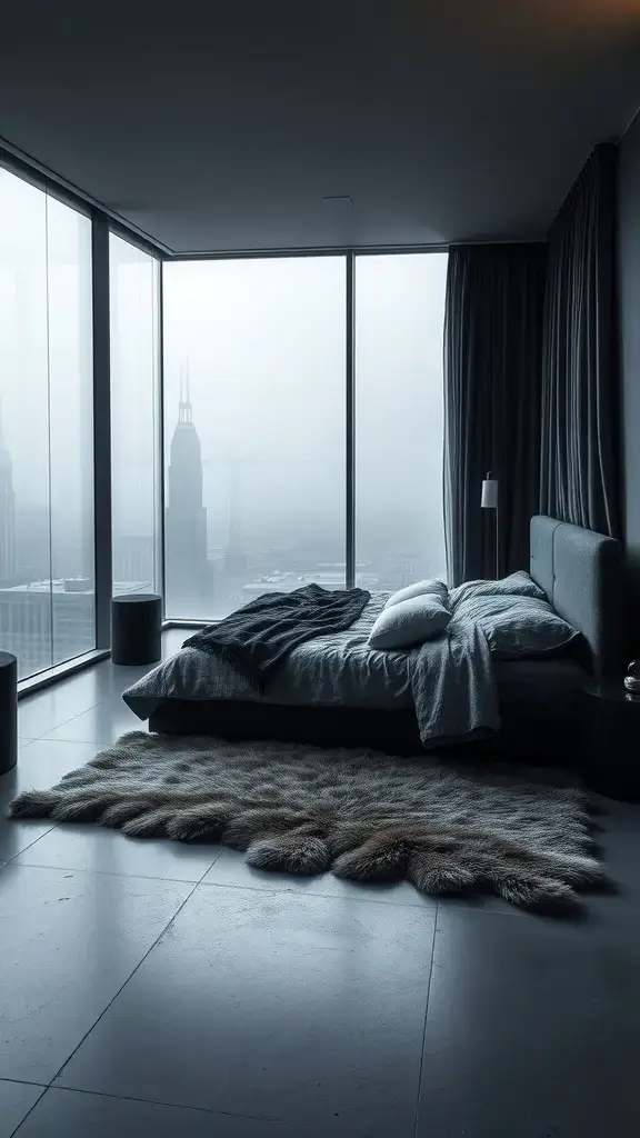 A modern bedroom with large glass windows showing a foggy city view, featuring a cozy bed with dark bedding and a fluffy rug.