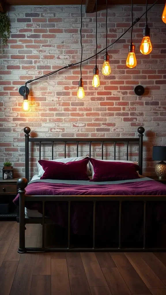 A cozy bedroom featuring a black metal bed with deep red velvet bedding against an exposed brick wall, illuminated by warm Edison bulbs.