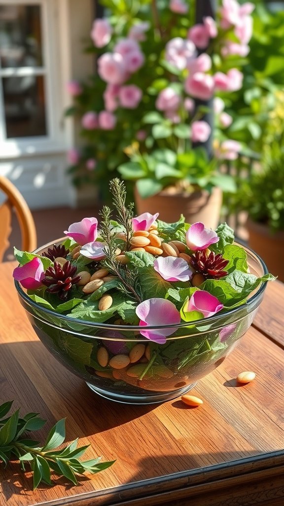 A bowl of Highgarden Herb & Rose Petal Salad with greens, almonds, and pink rose petals, set against a backdrop of blooming flowers.
