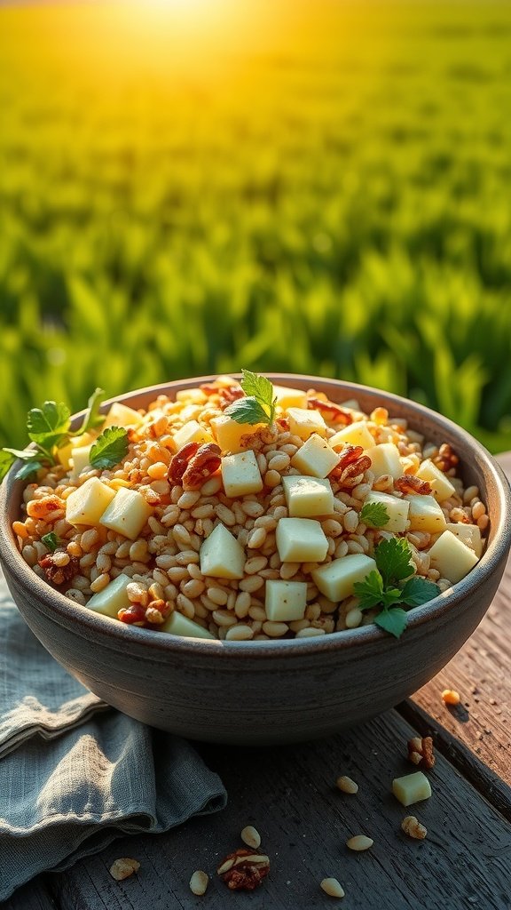 A bowl of golden barley salad with apples and nuts, with a lush green field in the background.