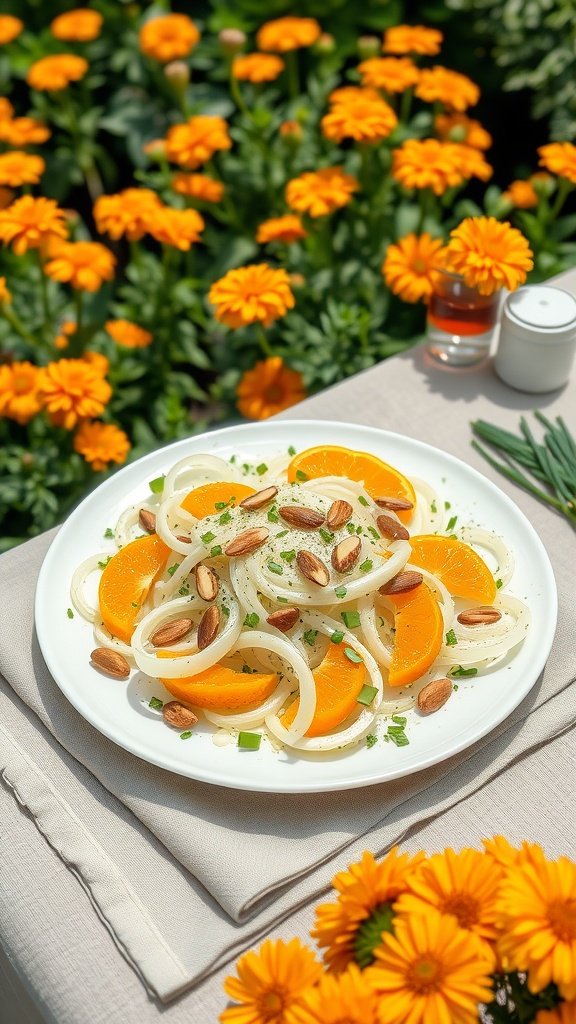 A vibrant salad featuring orange segments and sliced fennel, garnished with almonds, set against a backdrop of yellow flowers.