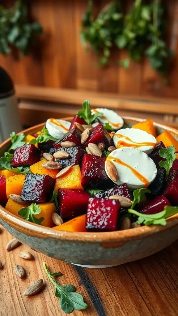A colorful bowl of beet and goat cheese salad featuring fresh greens and pumpkin seeds.