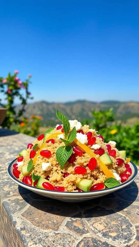 A vibrant quinoa and pomegranate salad on a plate, with fresh vegetables and mint, set against a scenic background.