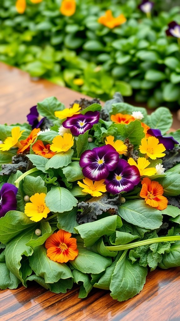 A colorful salad made with greens and edible flowers, featuring purple, orange, and yellow blooms.