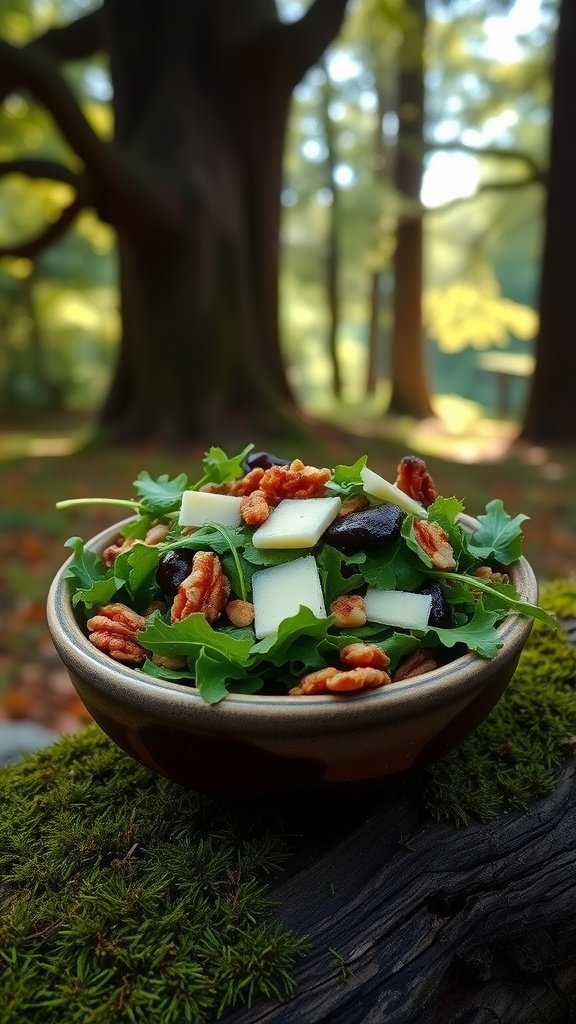 A bowl of Wild Walnut & Foraged Greens Salad with walnuts, greens, and apple, set in a forest setting.
