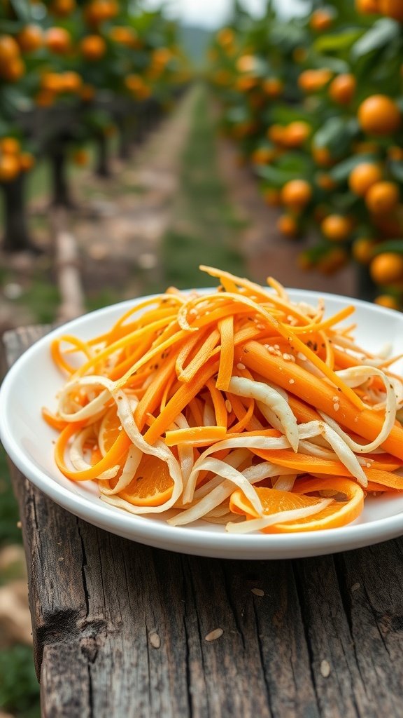 A plate of golden carrot and citrus slaw with orange slices, set on a rustic wooden table in an orange grove.