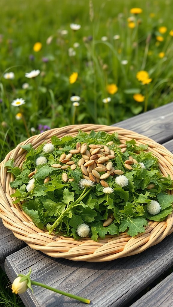 A basket of wild greens with sunflower seeds, surrounded by flowers in a meadow.