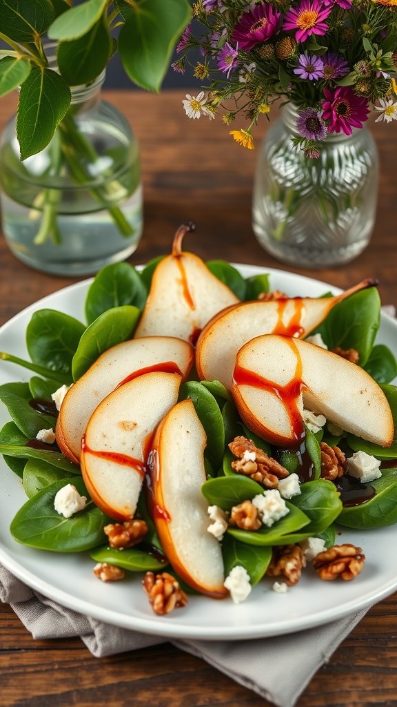 A fresh salad featuring sliced pears, walnuts, Stilton cheese, and spinach, elegantly presented on a white plate.
