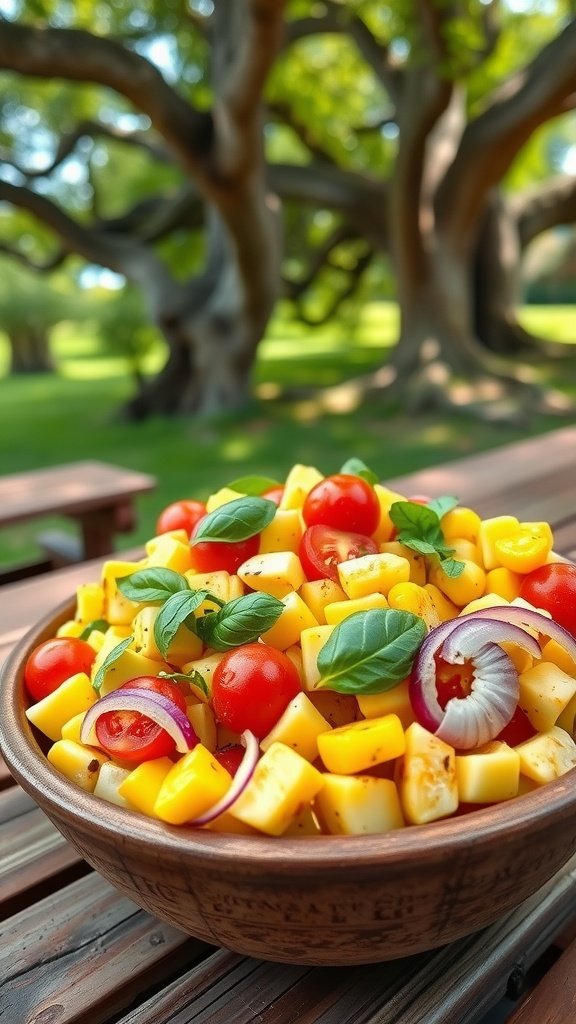 A bowl of Summer Corn and Tomato Salad with fresh ingredients