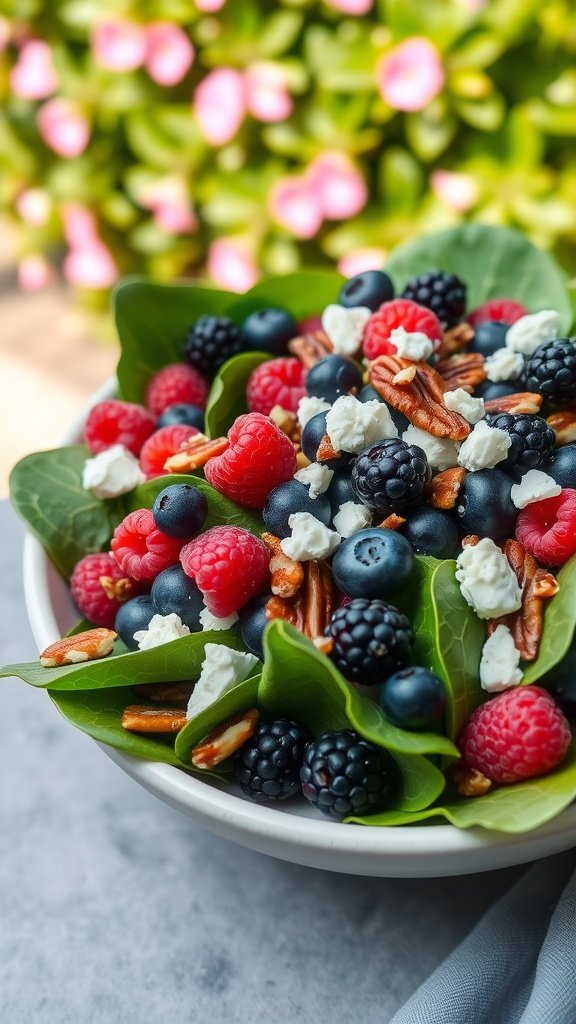 A vibrant Wild Berry and Spinach Salad featuring fresh spinach, blueberries, raspberries, blackberries, pecans, and feta cheese.