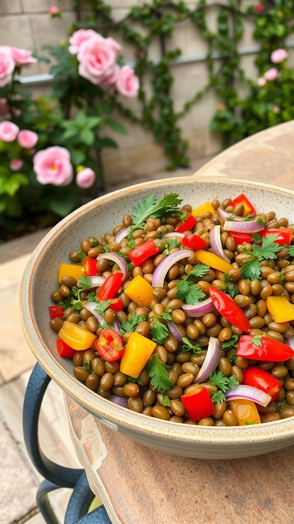 A bowl of lentil salad with colorful peppers and herbs, set against blooming roses.