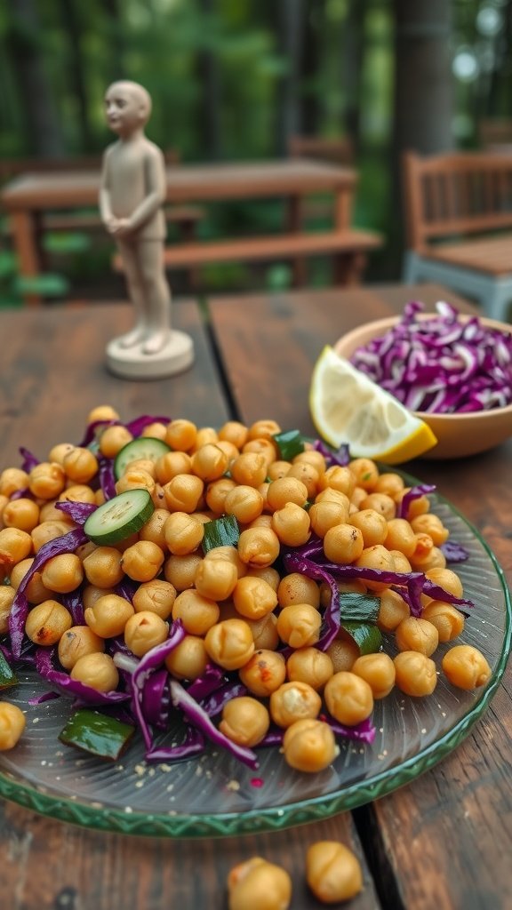 A vibrant plate of crunchy chickpeas and colorful vegetables, ready to be served as a refreshing salad.