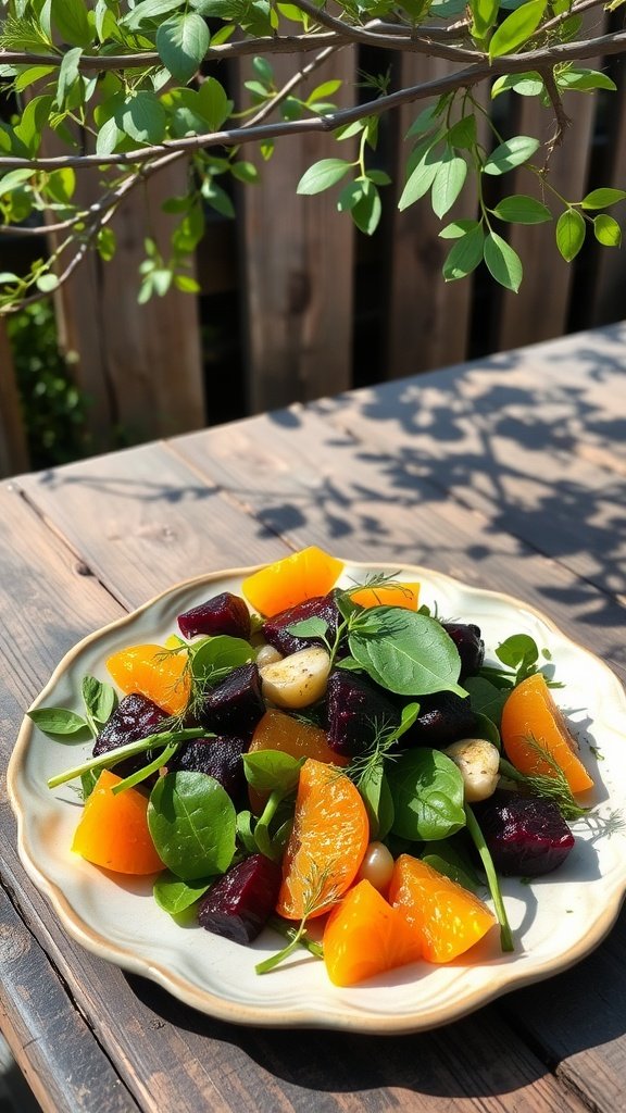 A colorful rustic beetroot and orange salad served on a plate, featuring vibrant beetroot, orange segments, and fresh greens.