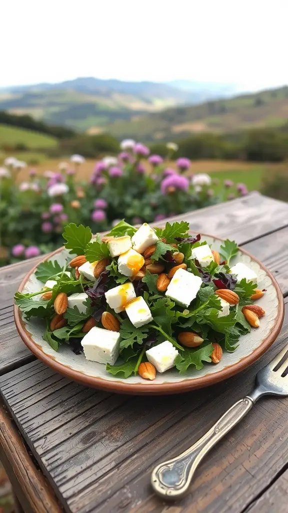 A fresh salad featuring greens, goat cheese, and almonds, garnished with flowers in a scenic outdoor setting.