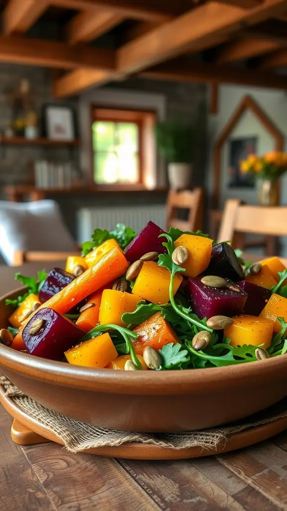 A colorful roasted root vegetable and arugula salad in a bowl, featuring beets, sweet potatoes, and pumpkin seeds.