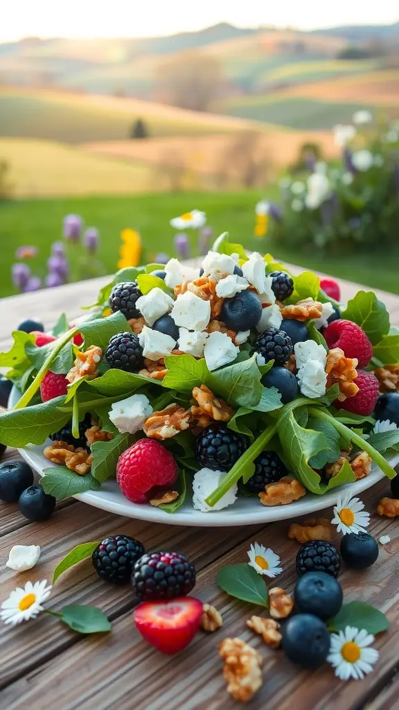 A fresh Wild Berry, Walnut & Arugula Salad on a wooden table with scenic hills in the background.