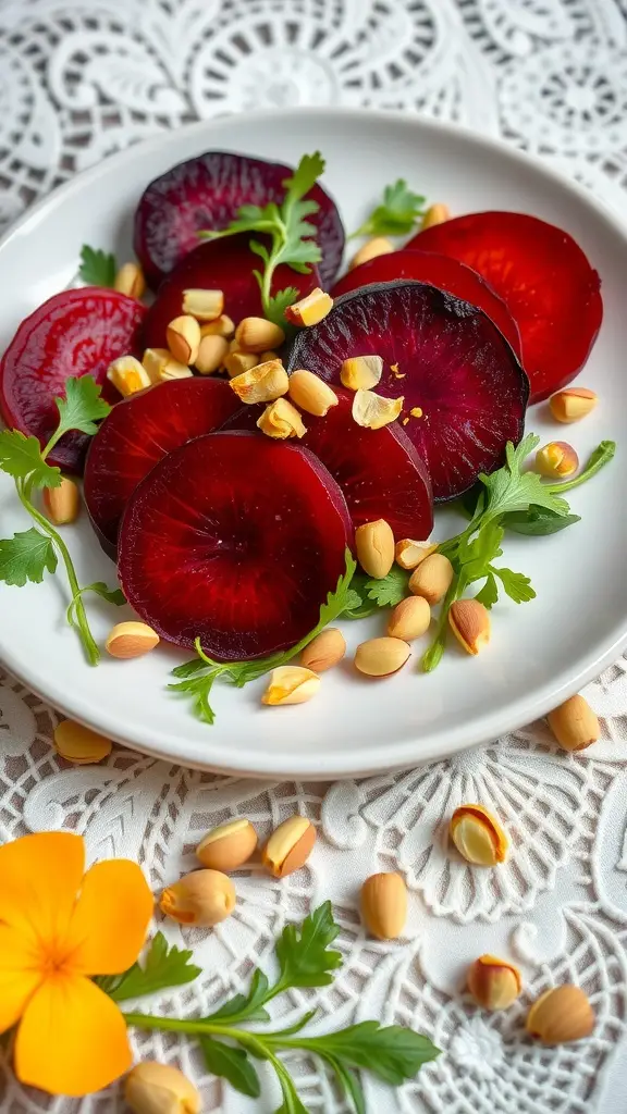 Plate of Golden Beet & Orange Blossom Salad with sliced beets, nuts, and herbs