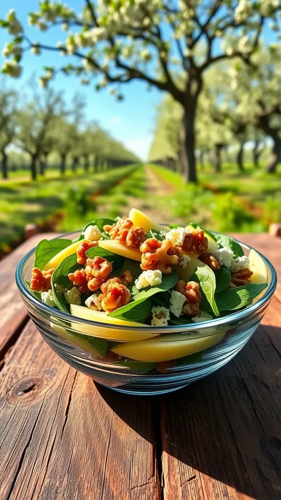 A bowl of apple and walnut salad with spinach, set against an orchard backdrop.