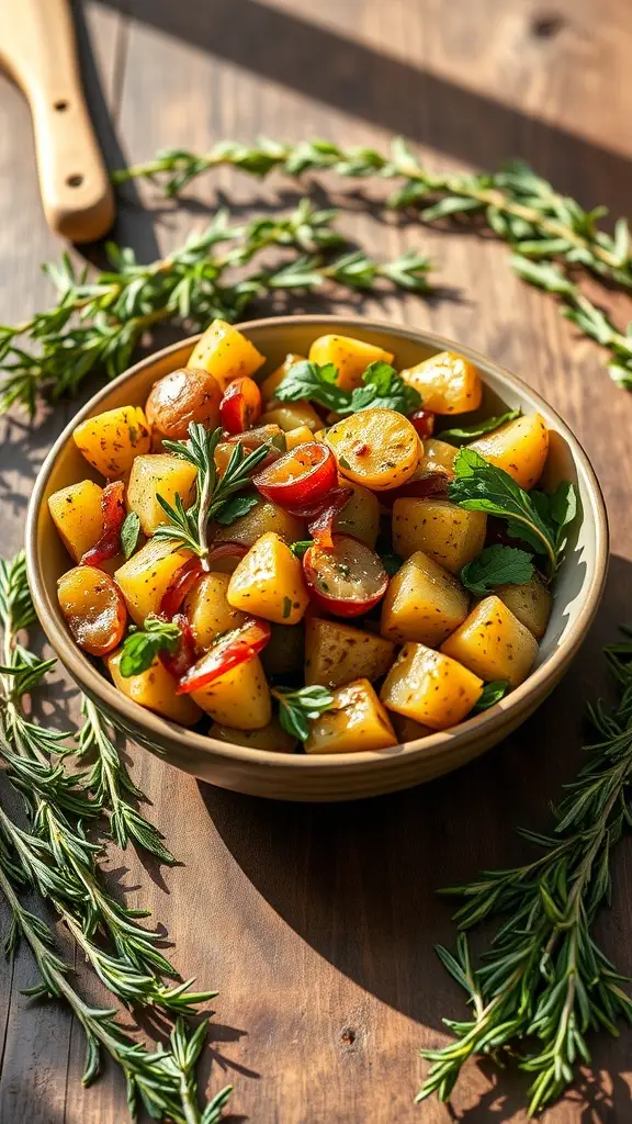 A bowl of rosemary and roasted potato salad with fresh herbs, served on a rustic wooden surface.