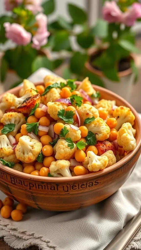 A bowl of Highgarden Cauliflower and Chickpea Salad with vibrant ingredients