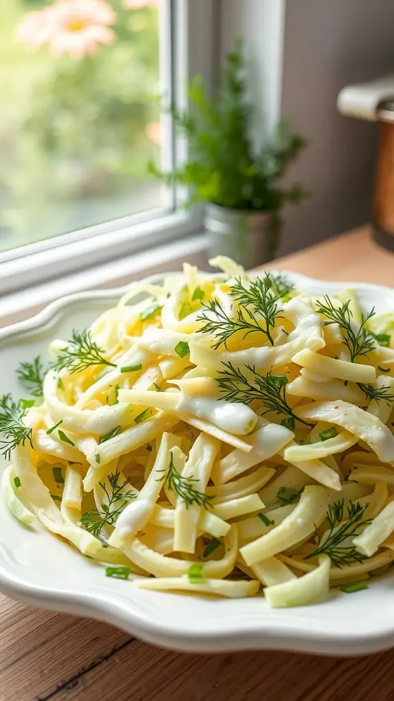 A plate of lemon and dill cabbage slaw topped with fresh herbs, placed by a sunny window.