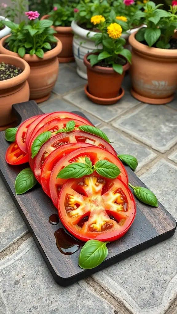 Sliced tomatoes with basil on a wooden board, surrounded by potted flowers