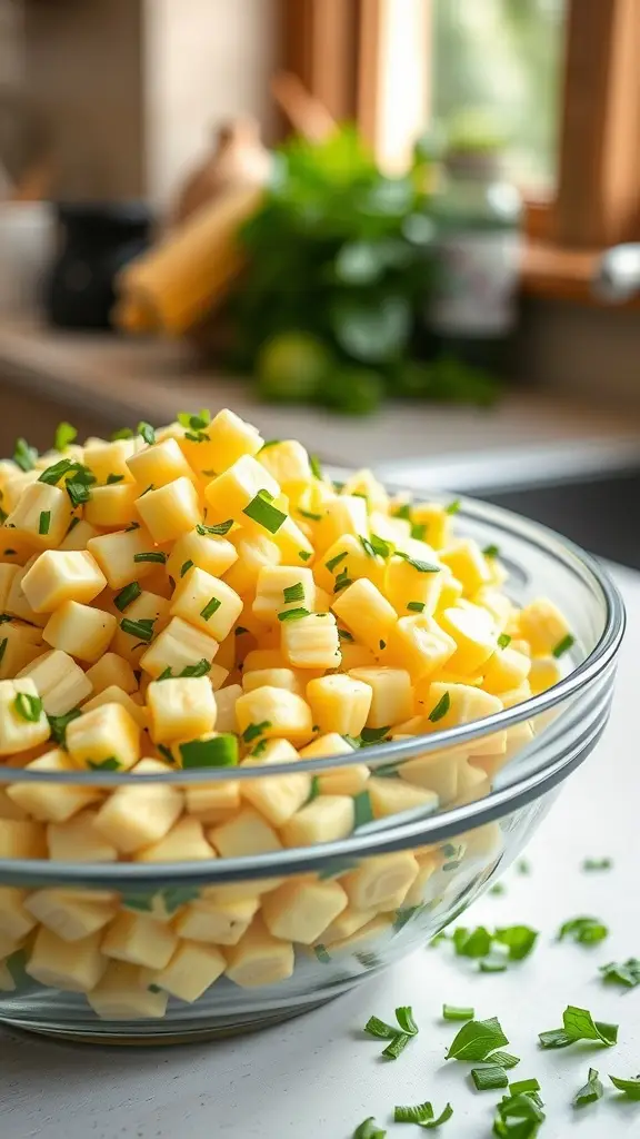 A bowl of sweet corn salad with chopped herbs, with fresh ingredients in the background.
