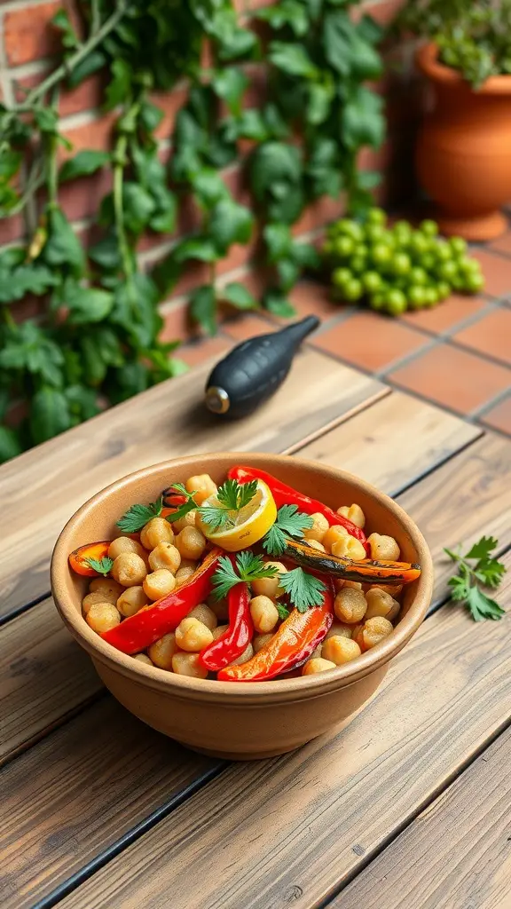 A vibrant bowl of roasted pepper and chickpea salad with lemon and cilantro on a wooden table.