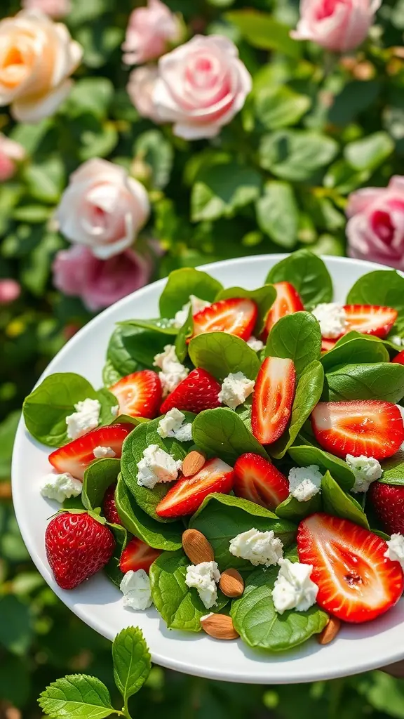 A plate of spinach and strawberry salad topped with goat cheese and almonds, with blooming roses in the background.