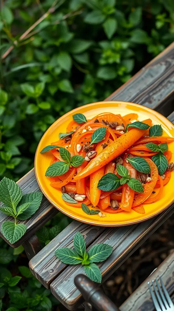 A vibrant heirloom carrot and orange salad with mint leaves on a yellow plate.
