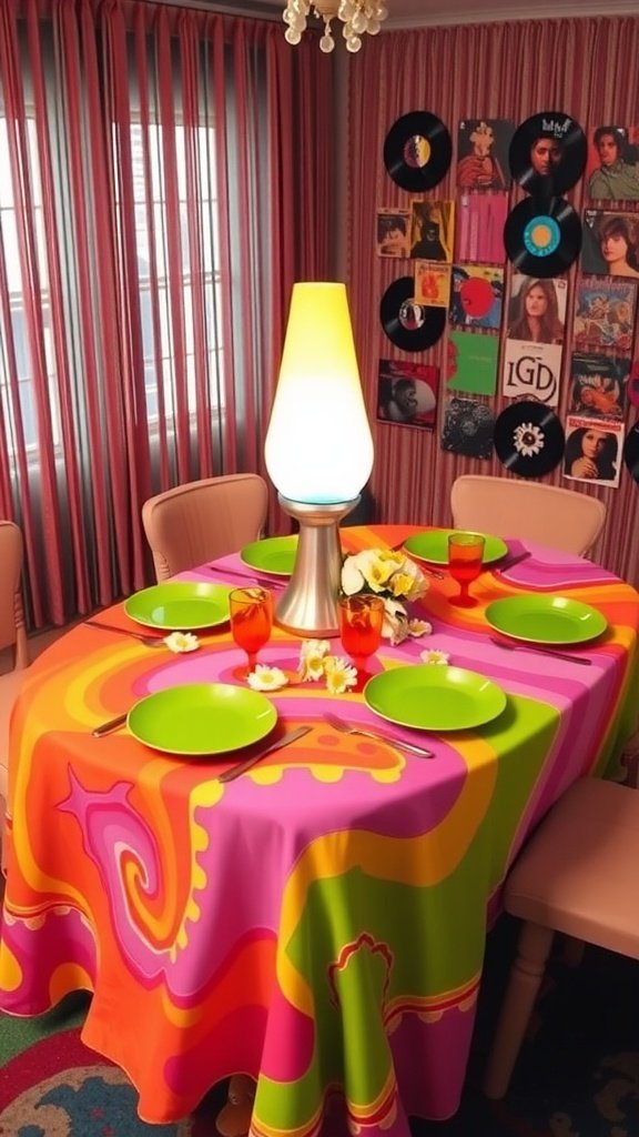 A colorful table with a psychedelic tablecloth, daisies in vases, and a retro lamp, set against a wall of vinyl records.