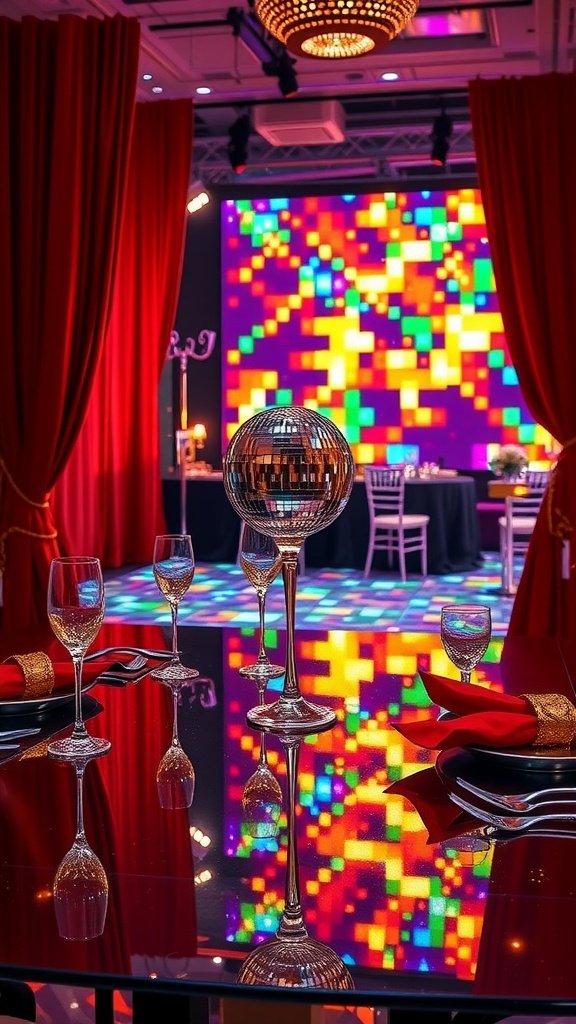 A glamorous party table setup inspired by Studio 54, featuring a disco ball and colorful backdrop.