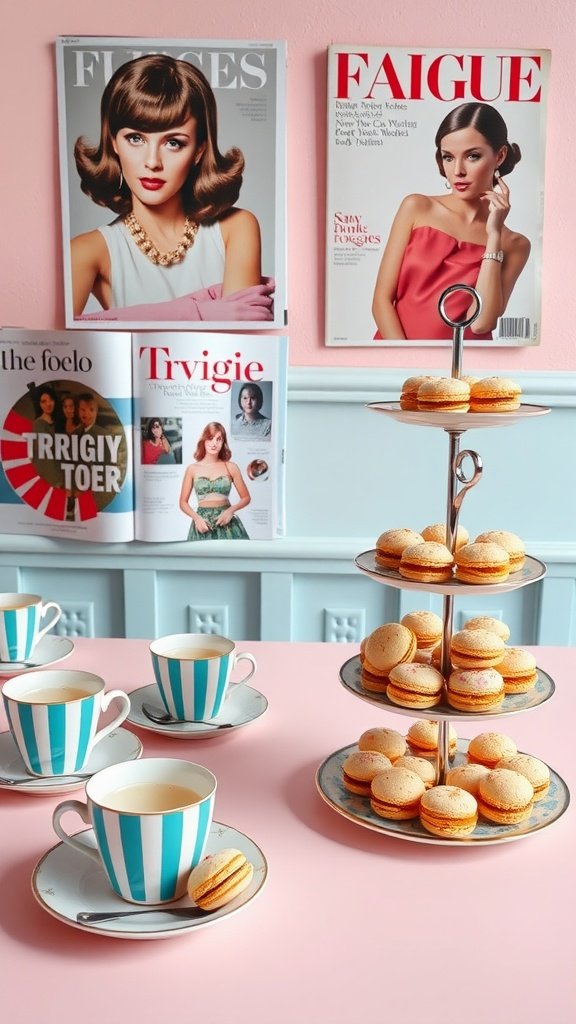 A stylish tea party setup inspired by Twiggy, featuring retro magazines, striped tea cups, and a tiered stand with macarons.