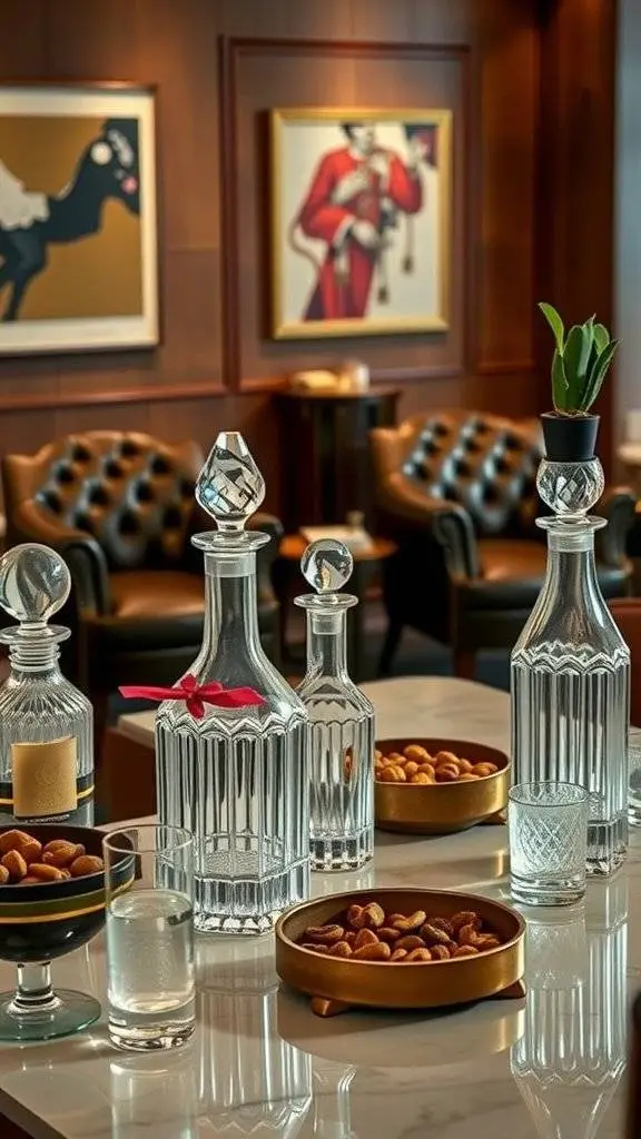 A sophisticated whiskey lounge with glass decanters and snacks, featuring stylish artwork on the walls.