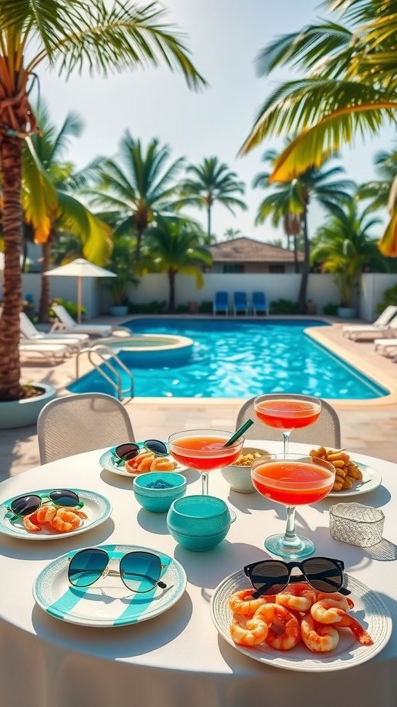A sunny poolside party setup with colorful drinks, shrimp cocktails, snacks, and sunglasses on a table surrounded by palm trees.