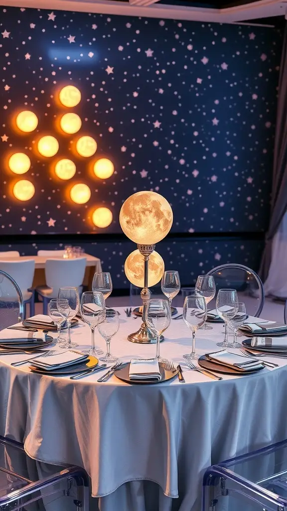 A table set with glassware and a glowing moon lamp, against a starry backdrop.