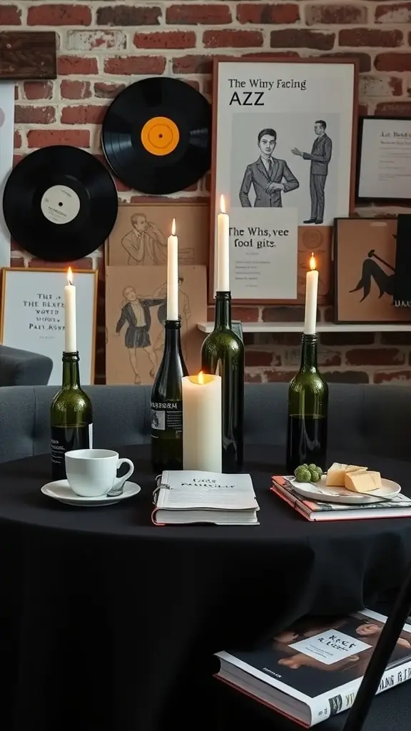 A Beatnik-inspired café table with green wine bottles, a candle, books, cheese, grapes, and a coffee cup, set against a brick wall adorned with vinyl records and art.