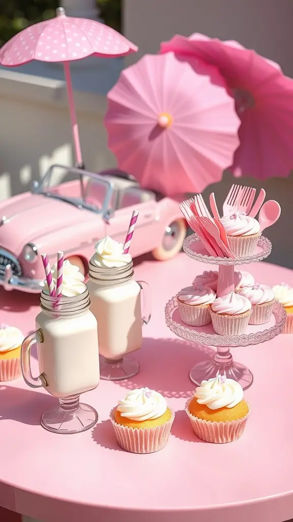 A colorful picnic setup with pink desserts, drinks, and a toy car.