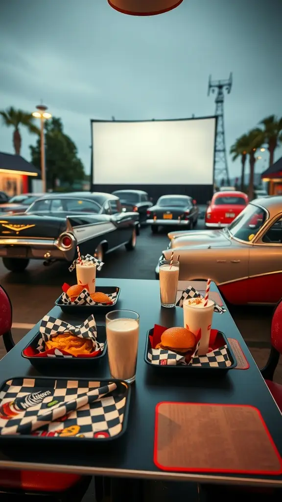 A 1960s inspired drive-in movie table with checkered trays of food and vintage cars in the background.