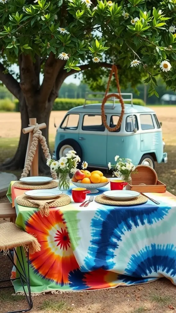 A vibrant picnic table set under a tree, featuring a tie-dye tablecloth, colorful dishes, fresh flowers, and a blue vintage van in the background.