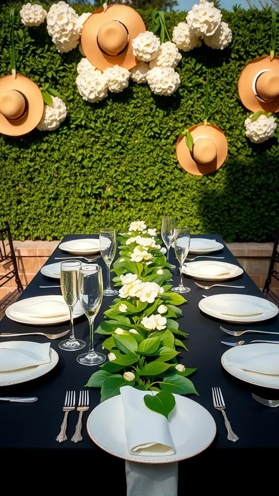 A stylish garden table setting with black tablecloth, white roses, oversized hats, and elegant glassware.