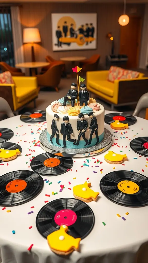 Beatles-themed birthday table with a cake and vinyl records