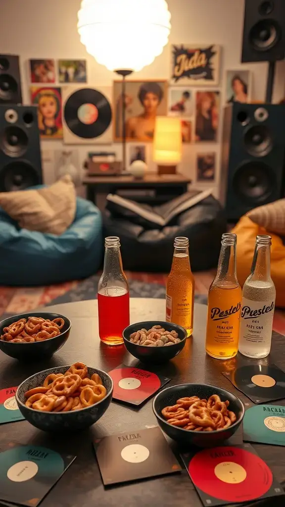A cozy listening lounge with vinyl records, snacks, and drinks, inspired by the 1960s.