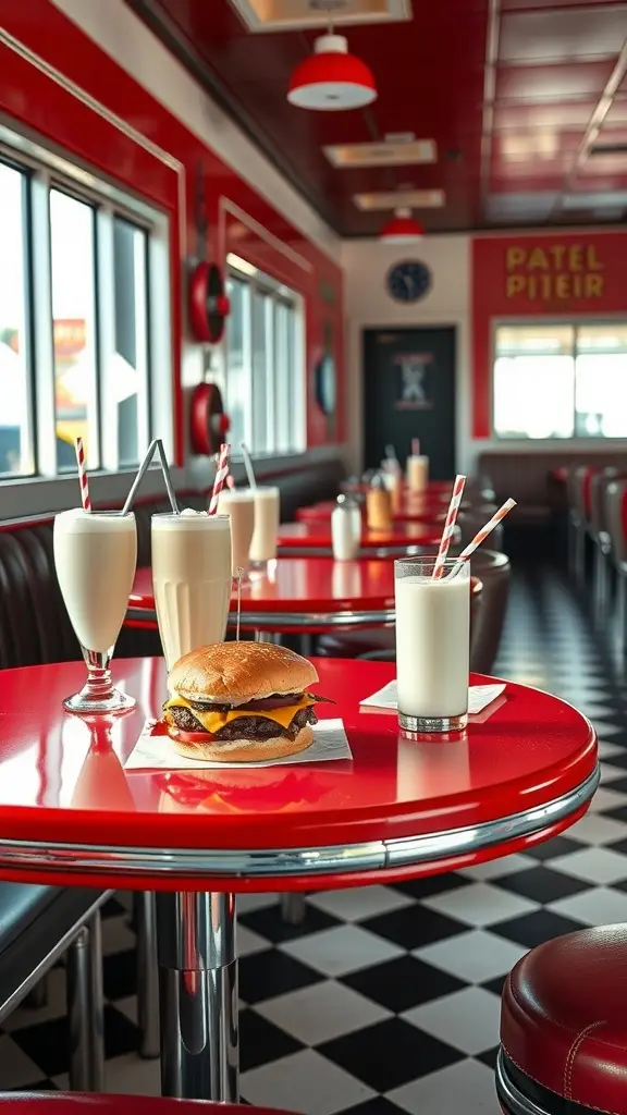 A classic diner interior featuring red tables, a cheeseburger, and milkshakes.