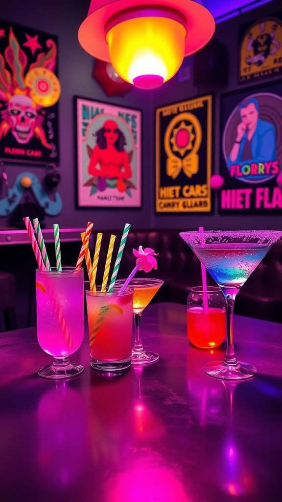 A vibrant cocktail table featuring colorful drinks with playful straws and neon lighting