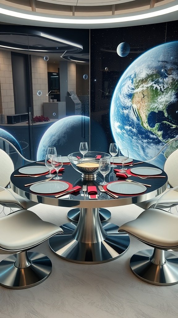 A futuristic party table inspired by The Jetsons, featuring a round metallic table, sleek chairs, and a space-themed backdrop.