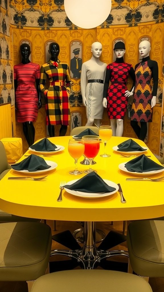A brightly colored brunch table set with yellow table, stylish plates, and drinks, surrounded by mannequins in 1960s fashion.