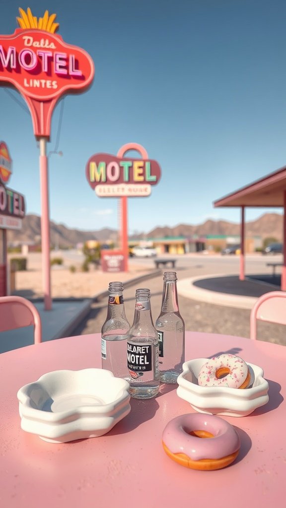 A retro-themed party table in the desert with donuts, sparkling water bottles, and colorful bowls.