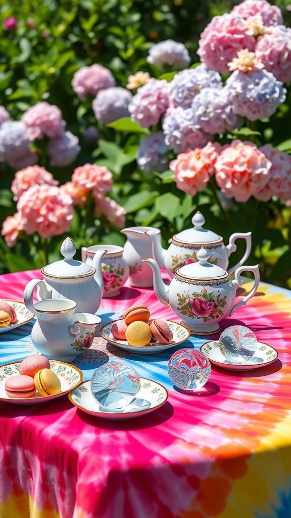 A vibrant tie-dye tablecloth set with elegant tea service and colorful macaroons, surrounded by blooming flowers.